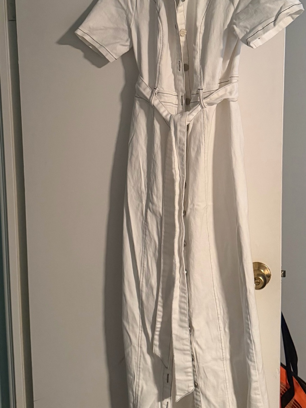Fashion Nova Denim White Button-Front Shirt Dress with Tie Waist